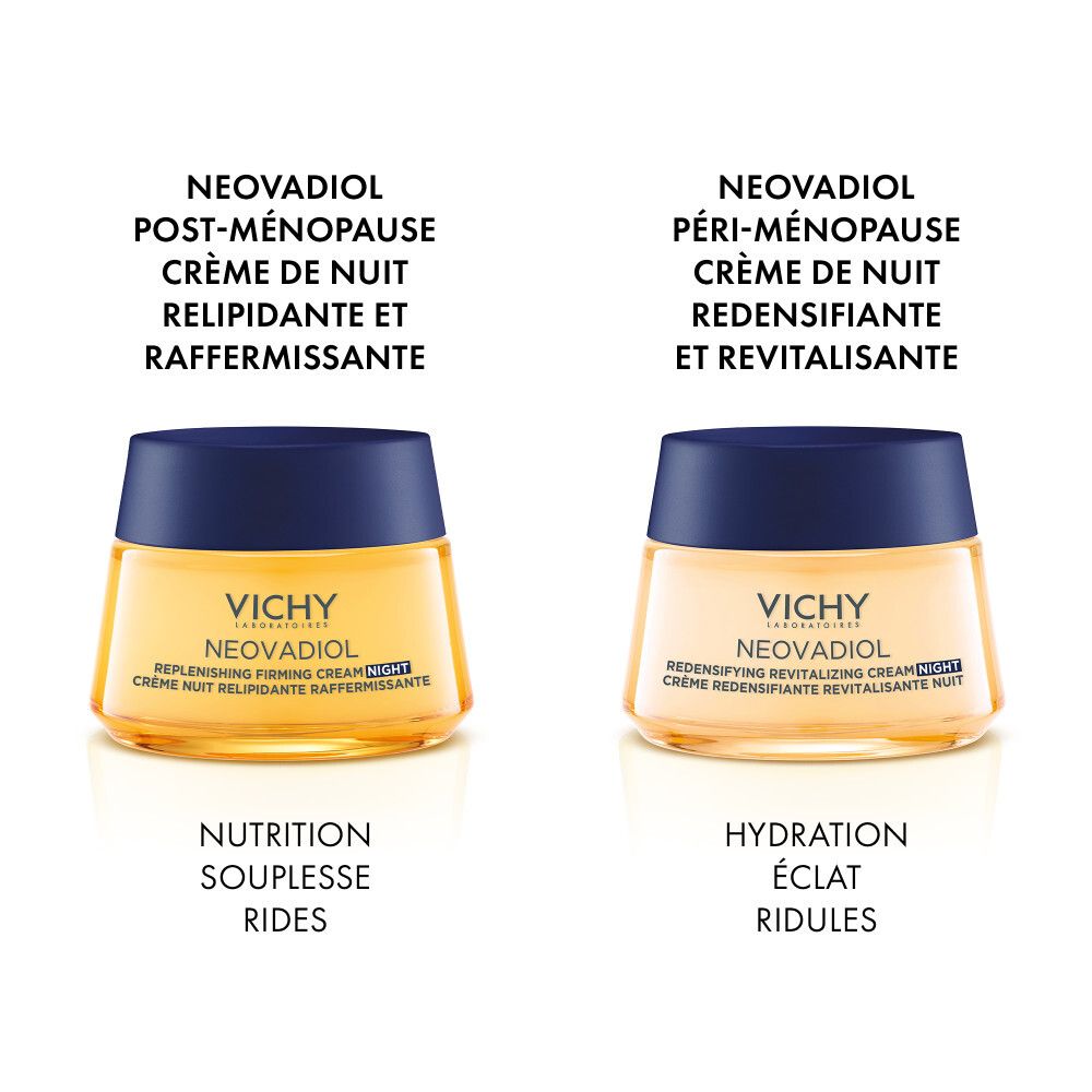 Deux pots de crème. Vichy Neovadiol. Texte en français.