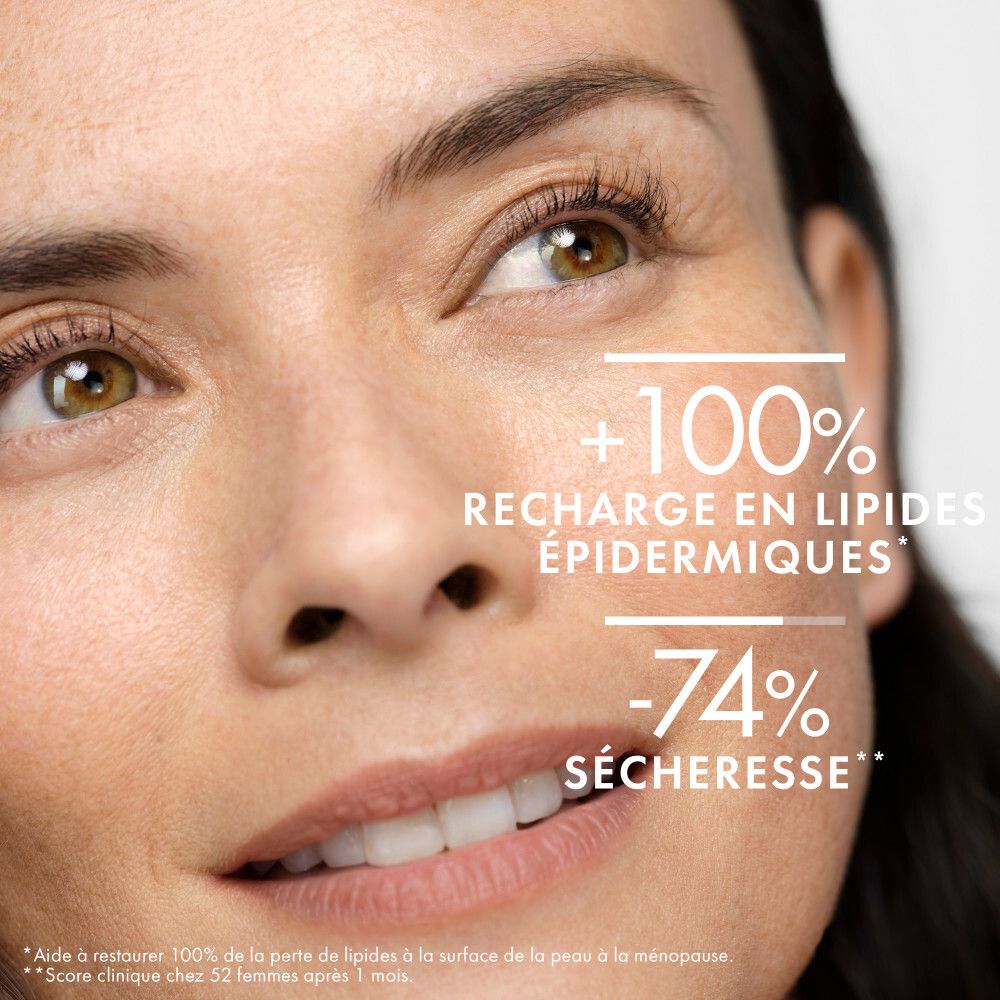 Visage de femme. Texte : +100% recharge en lipides épidermiques.