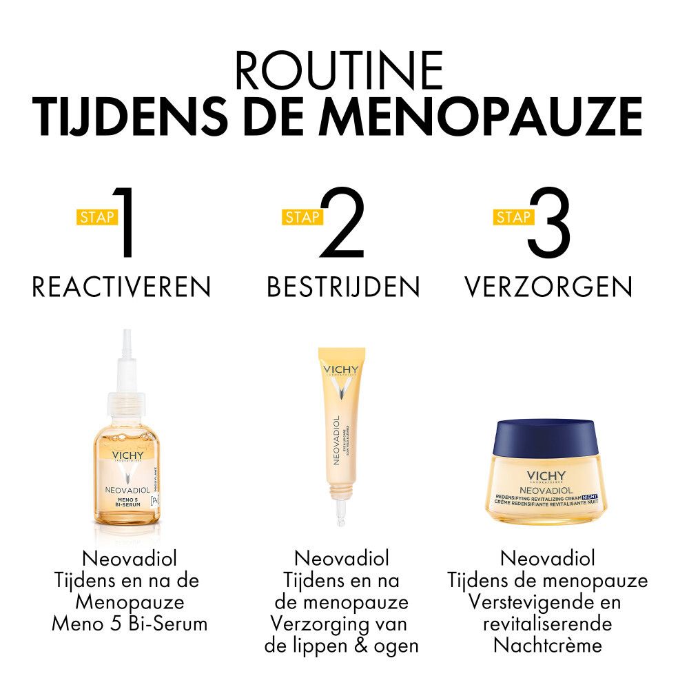 Drie producten. Vichy Neovadiol. Stap 1, 2, 3. Tekst in het Nederlands.