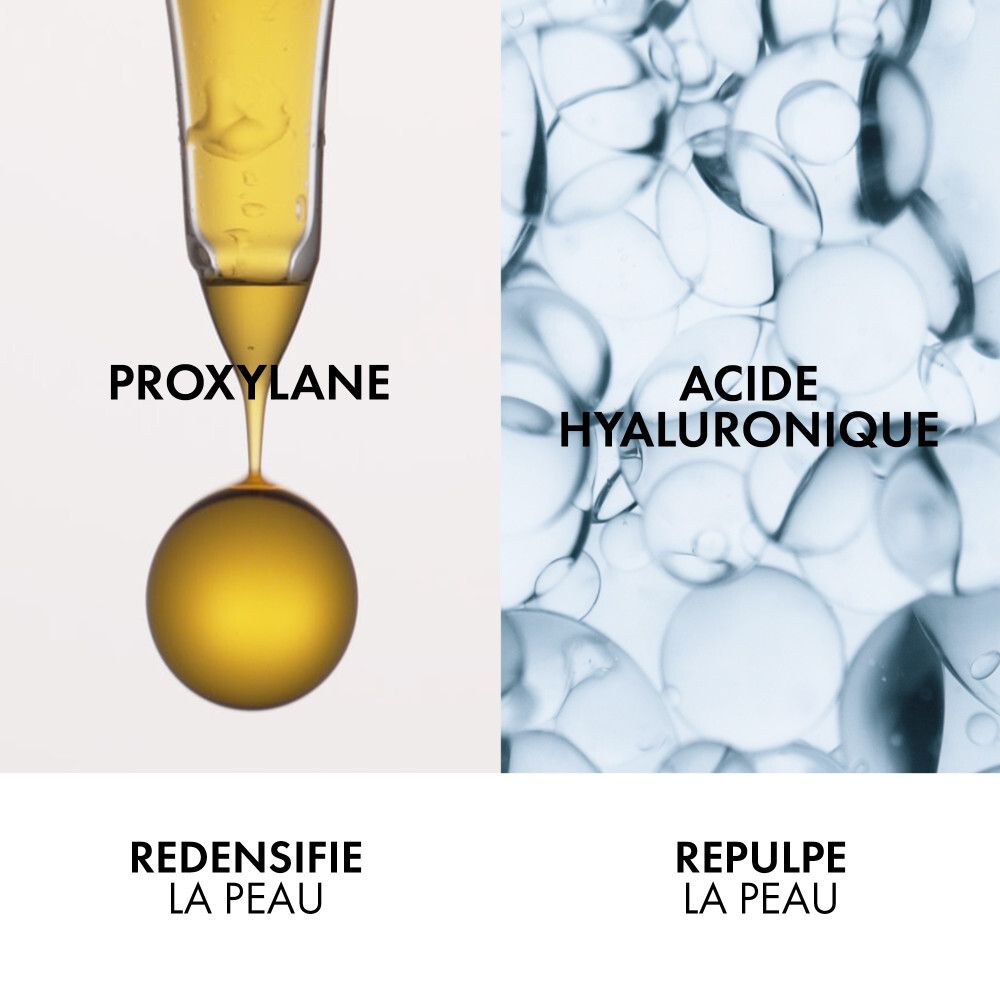 Deux gouttes. Texte : Pro-Xylane, Acide Hyaluronique. Redensifie la peau.