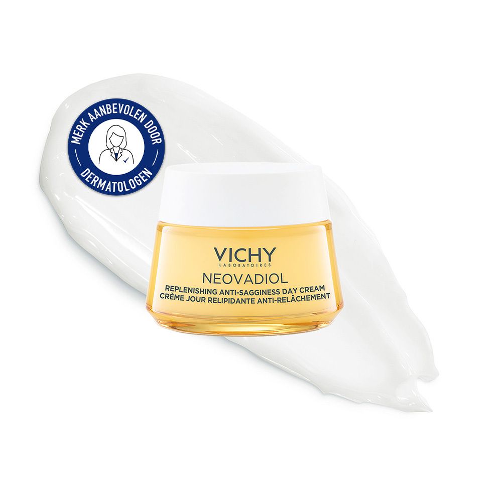 Crèmetiegel op witte achtergrond met crèmeveeg. Logo: Vichy. Tekst: Neovadiol Replenishing Anti-Sagginess Day Cream.