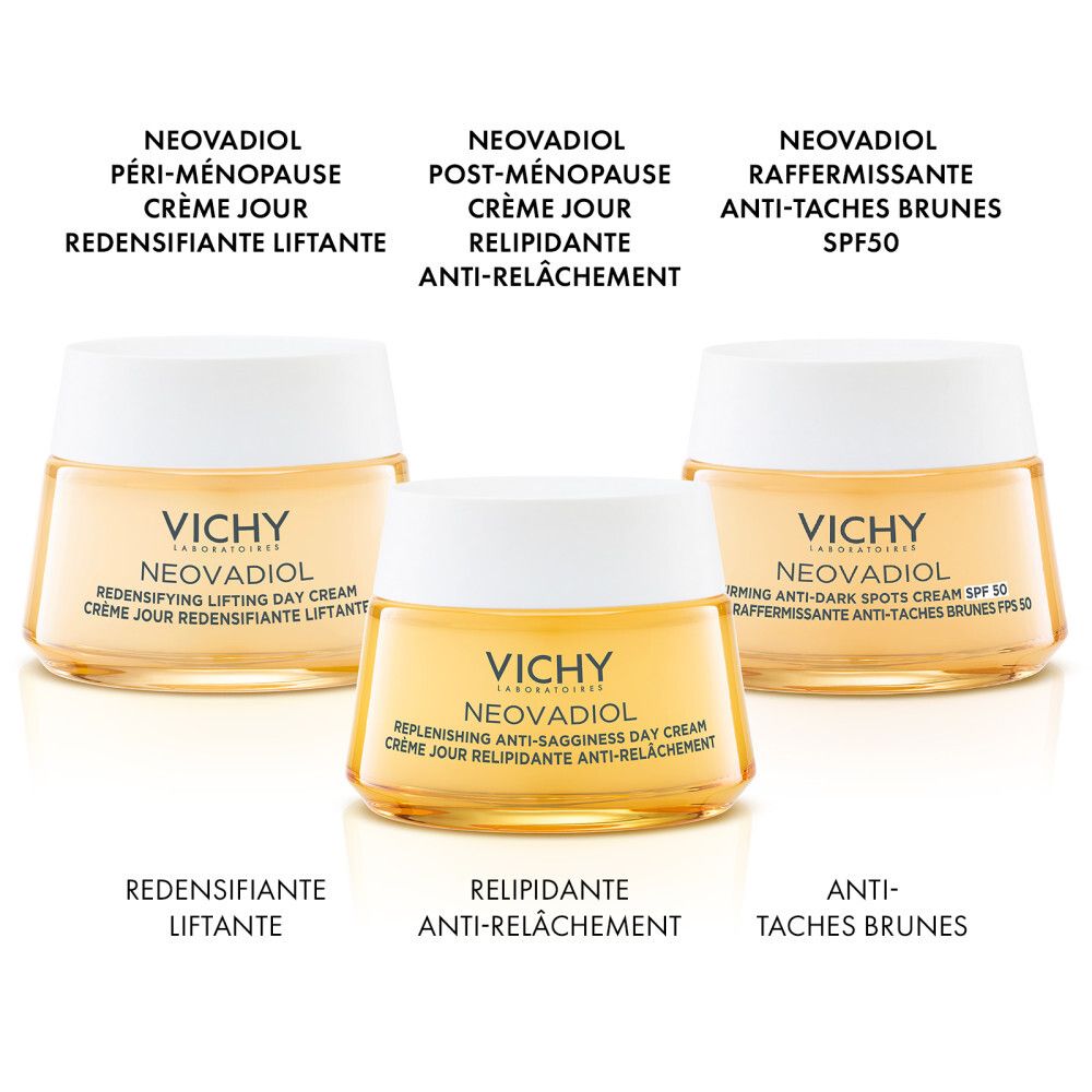 Trois pots de crème côte à côte. Vichy Neovadiol. Texte : Crème Jour, Crème Liftante, Anti-Taches Brunes.