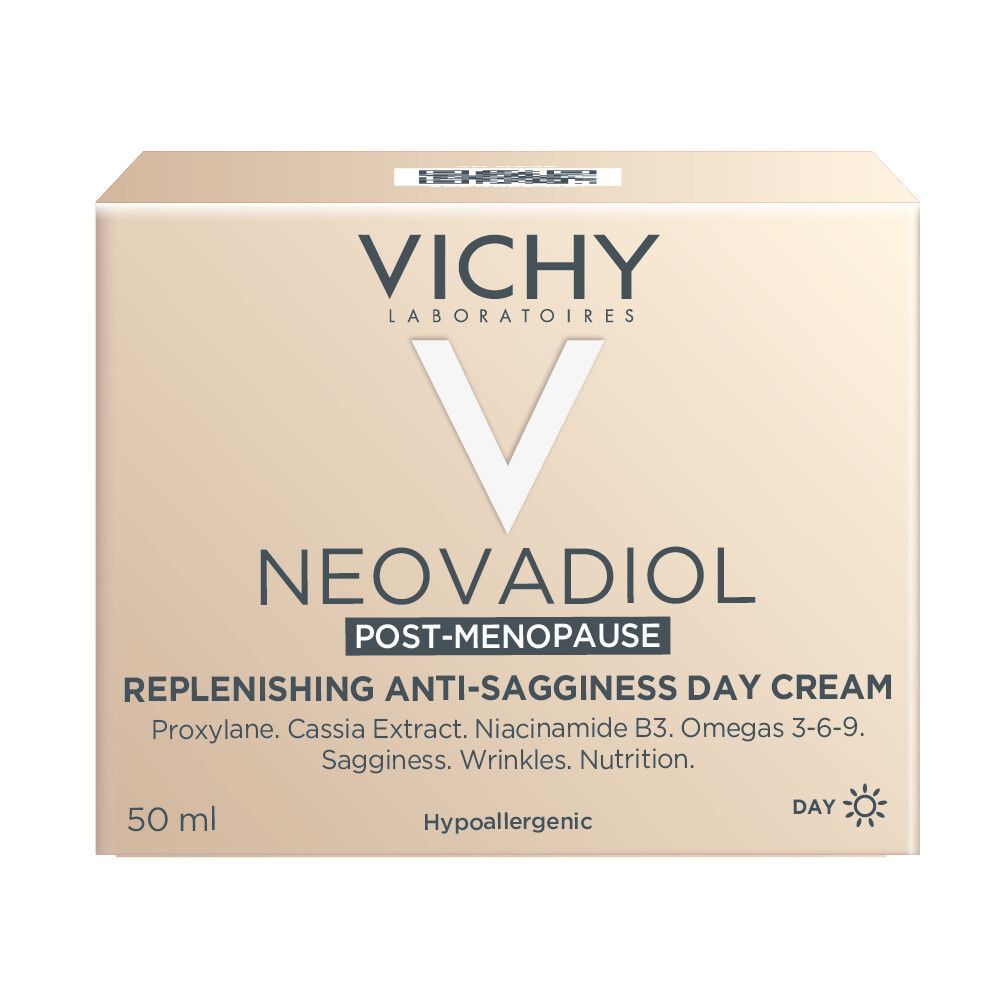 Beige doos met Vichy-logo en Neovadiol-productinformatie. Tekst: Replenishing Anti-Sagginess Day Cream. 50 ml.