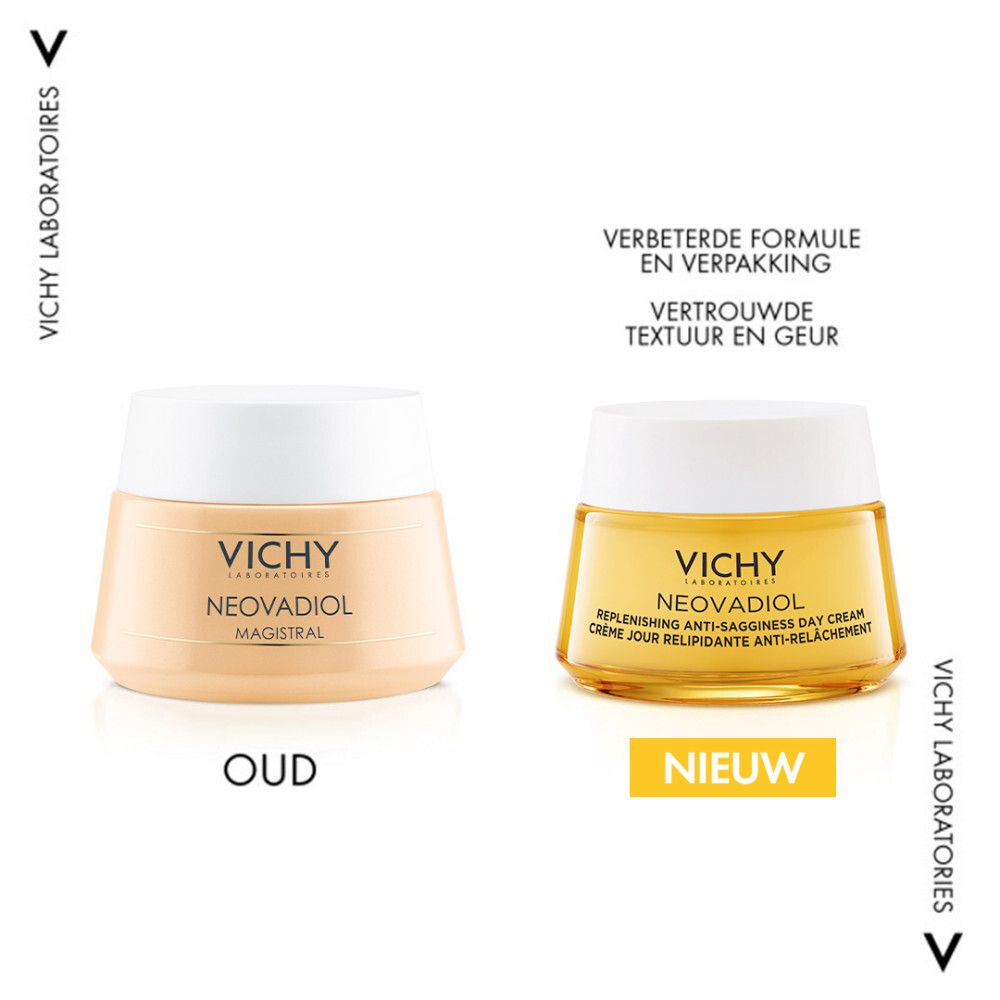 Twee crèmetiegels naast elkaar. Links: Vichy Magistral. Rechts: Vichy Neovadiol. Tekst: Nieuw.