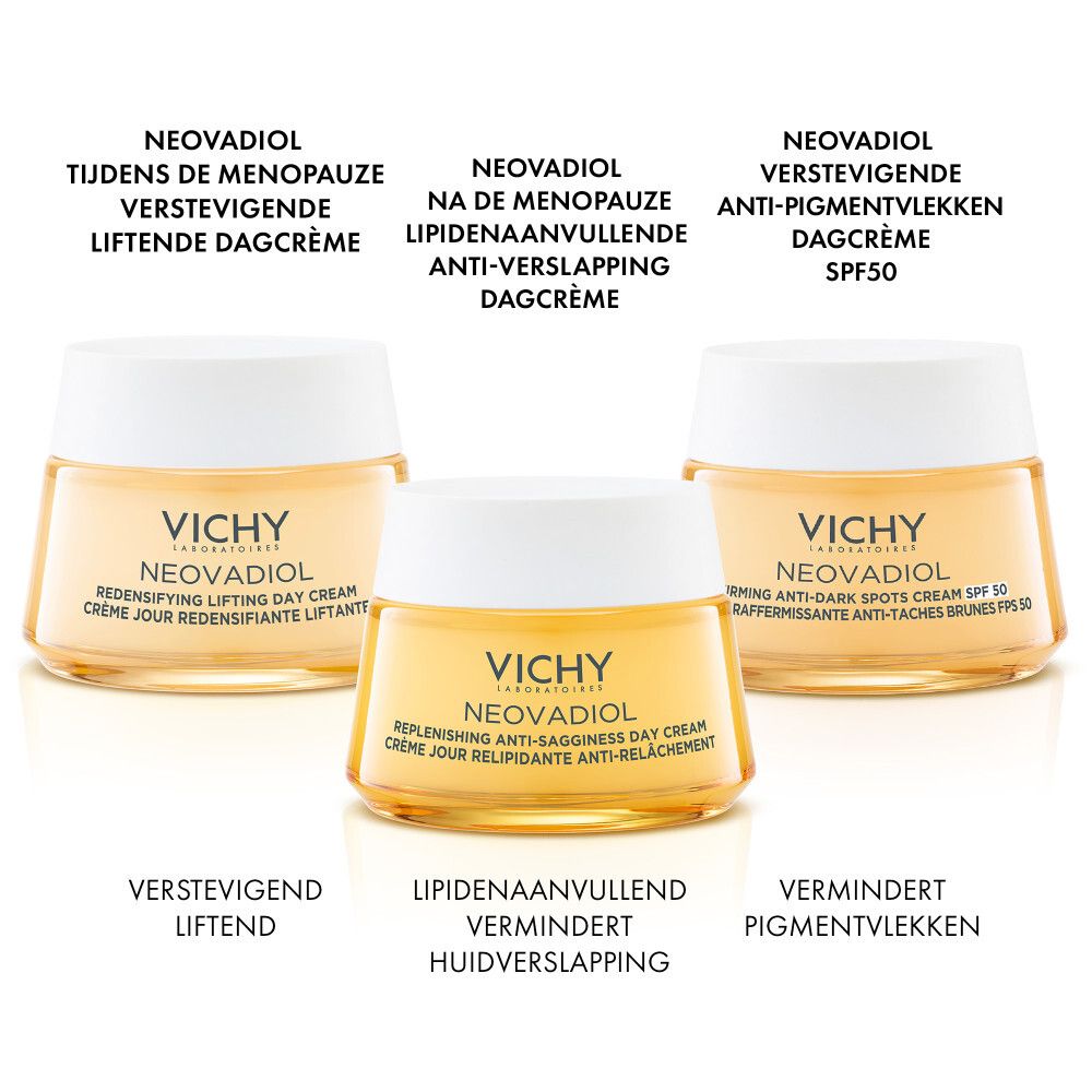 Drie crèmetiegels naast elkaar. Vichy Neovadiol. Tekst: Dagcrème, Liftende Dagcrème, Anti-Pigmentvlekken.