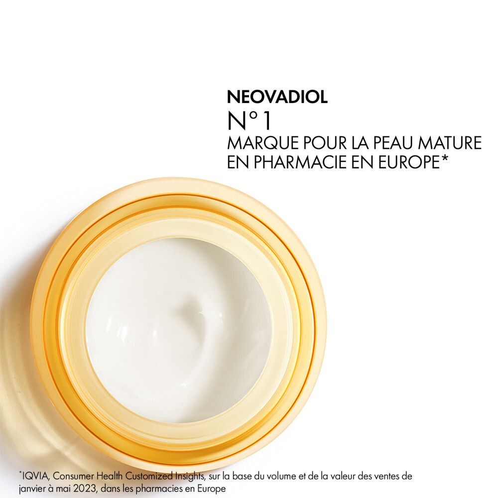 Vue de dessus d'un pot de crème. Texte : Neovadiol. Marque pour la peau mature en pharmacie en Europe.
