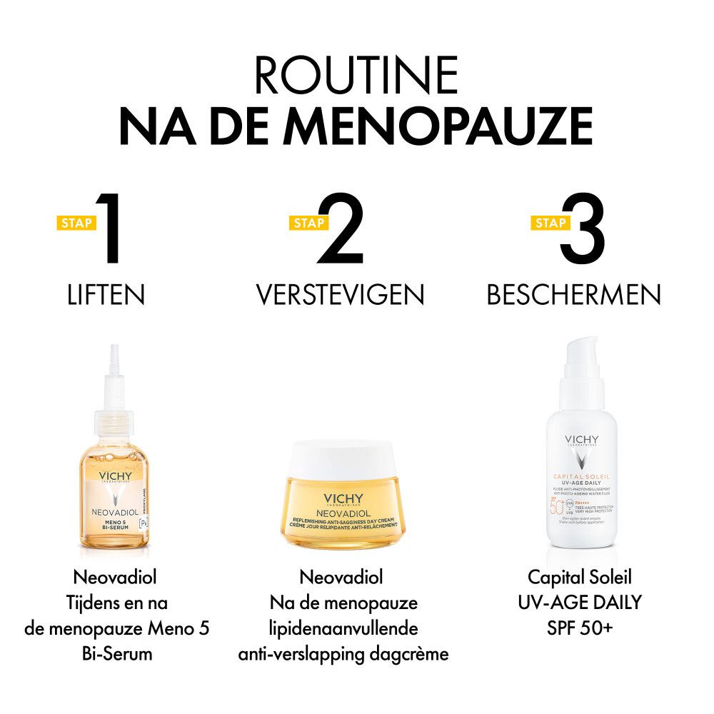 Drie producten naast elkaar. Vichy Neovadiol, Bi-Serum, UV-Age Daily SPF 50+. Tekst: Routine na de menopauze.