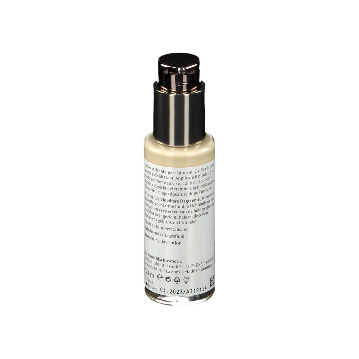 Flacon avec pompe doseuse. Inscription: Dr. Hauschka, Fluide activant pour le jour. Texte au dos.
