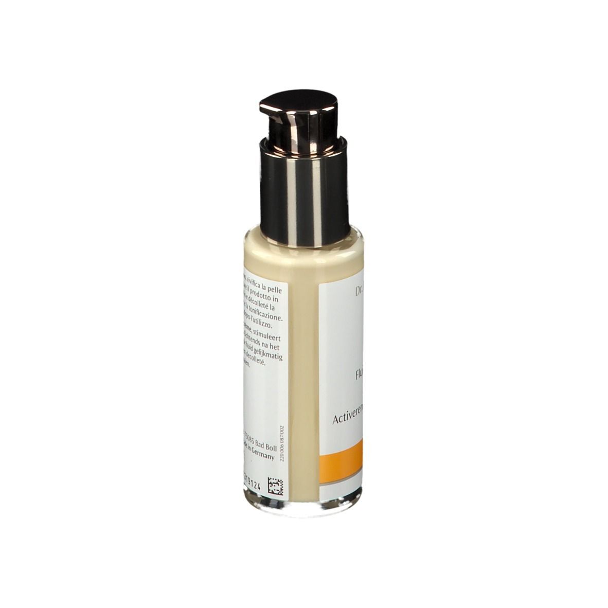 Flacon avec pompe doseuse. Inscription: Dr. Hauschka, Fluide activant pour le jour. Texte au dos.