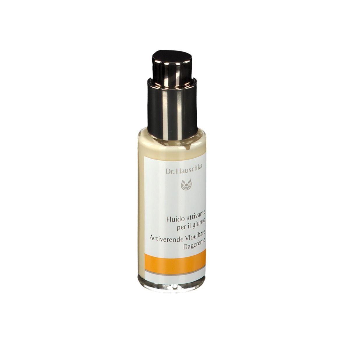 Flacon avec pompe doseuse. Inscription: Dr. Hauschka, Fluide activant pour le jour. Bande orange.