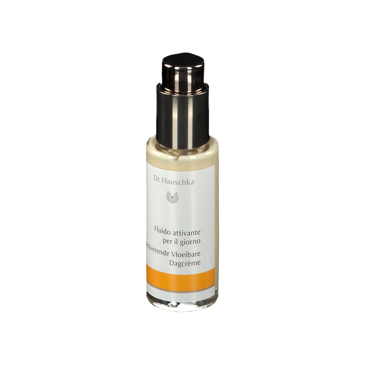 Flacon avec pompe doseuse. Inscription: Dr. Hauschka, Fluide activant pour le jour. Bande orange.