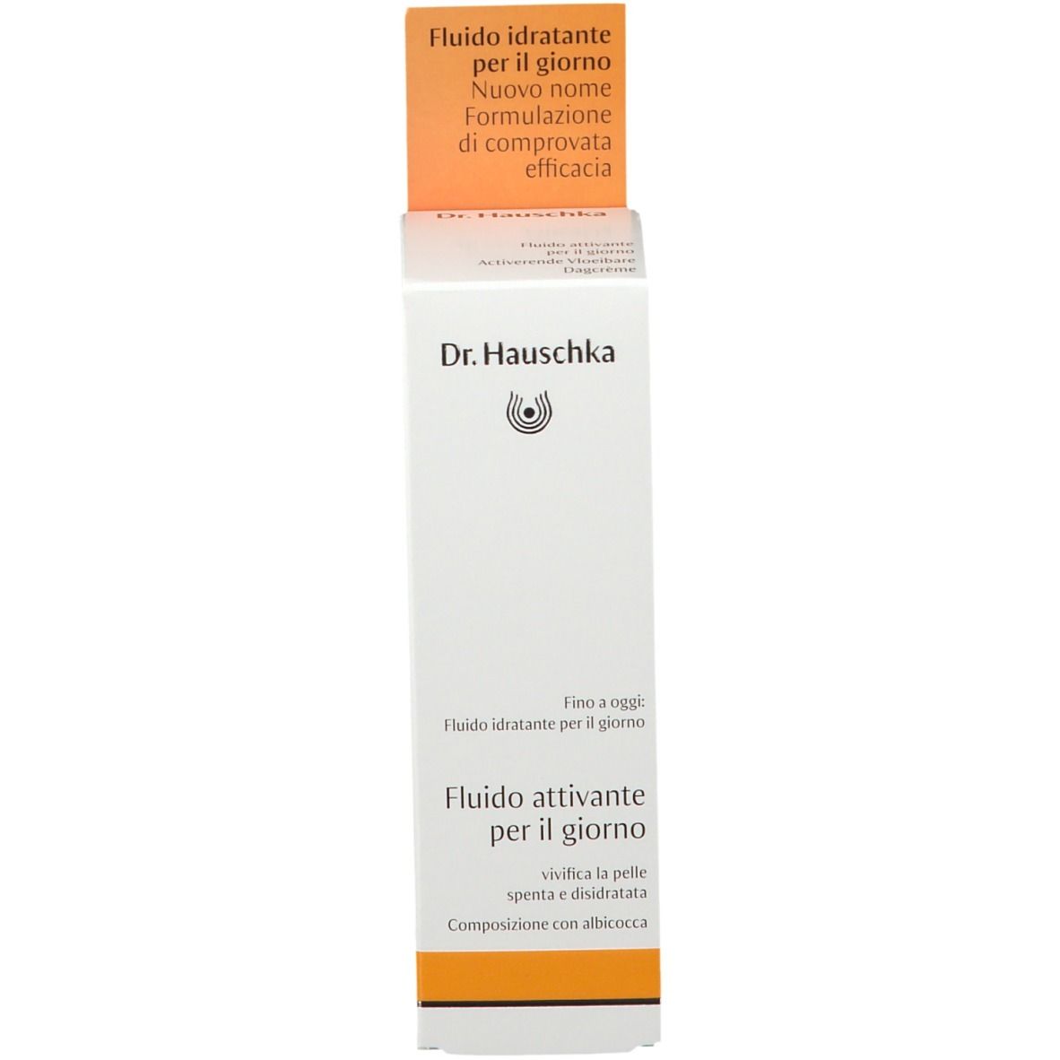 Flacon avec emballage. Inscription: Dr. Hauschka, Fluide activant pour le jour. Accents orange.