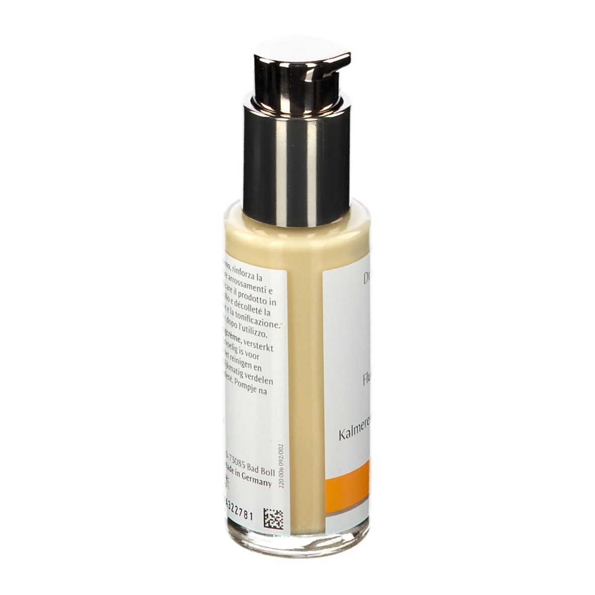 Achterkant van beige fles met zilveren pomp. Tekst op etiket. Oranje streep. 50 ml.