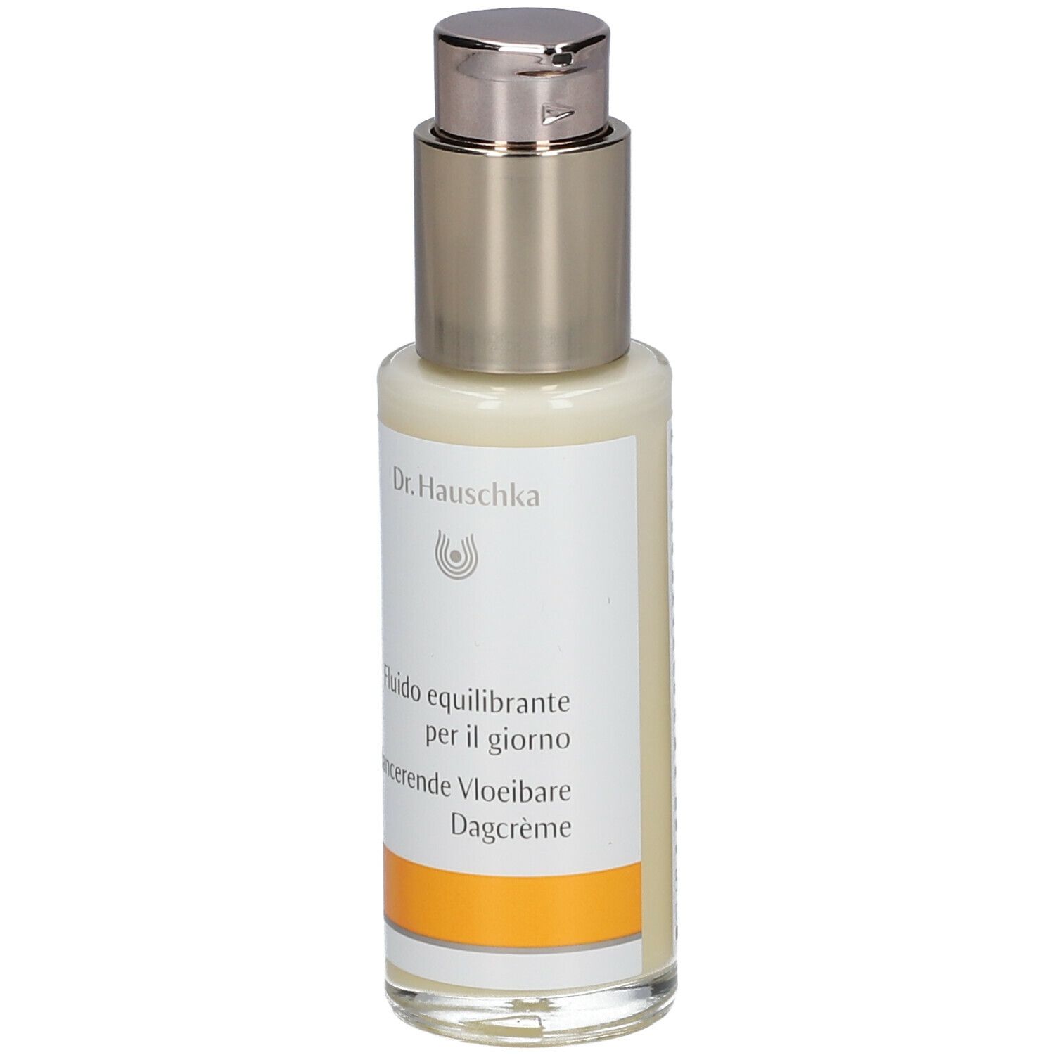 Crèmefles met zilveren pomp. Opschrift: Dr. Hauschka, Fludio equilibrante per il giorno, Balancerende Vloeibare Dagcrème.