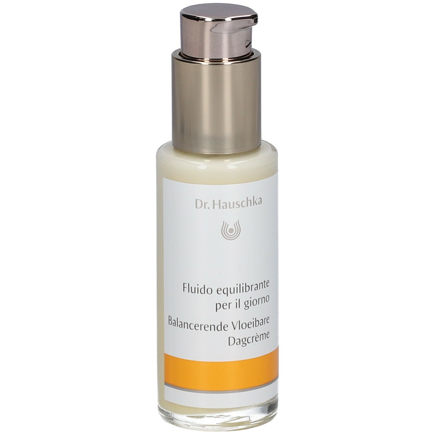 Crèmefles met zilveren pomp. Opschrift: Dr. Hauschka, Fludio equilibrante per il giorno, Balancerende Vloeibare Dagcrème.
