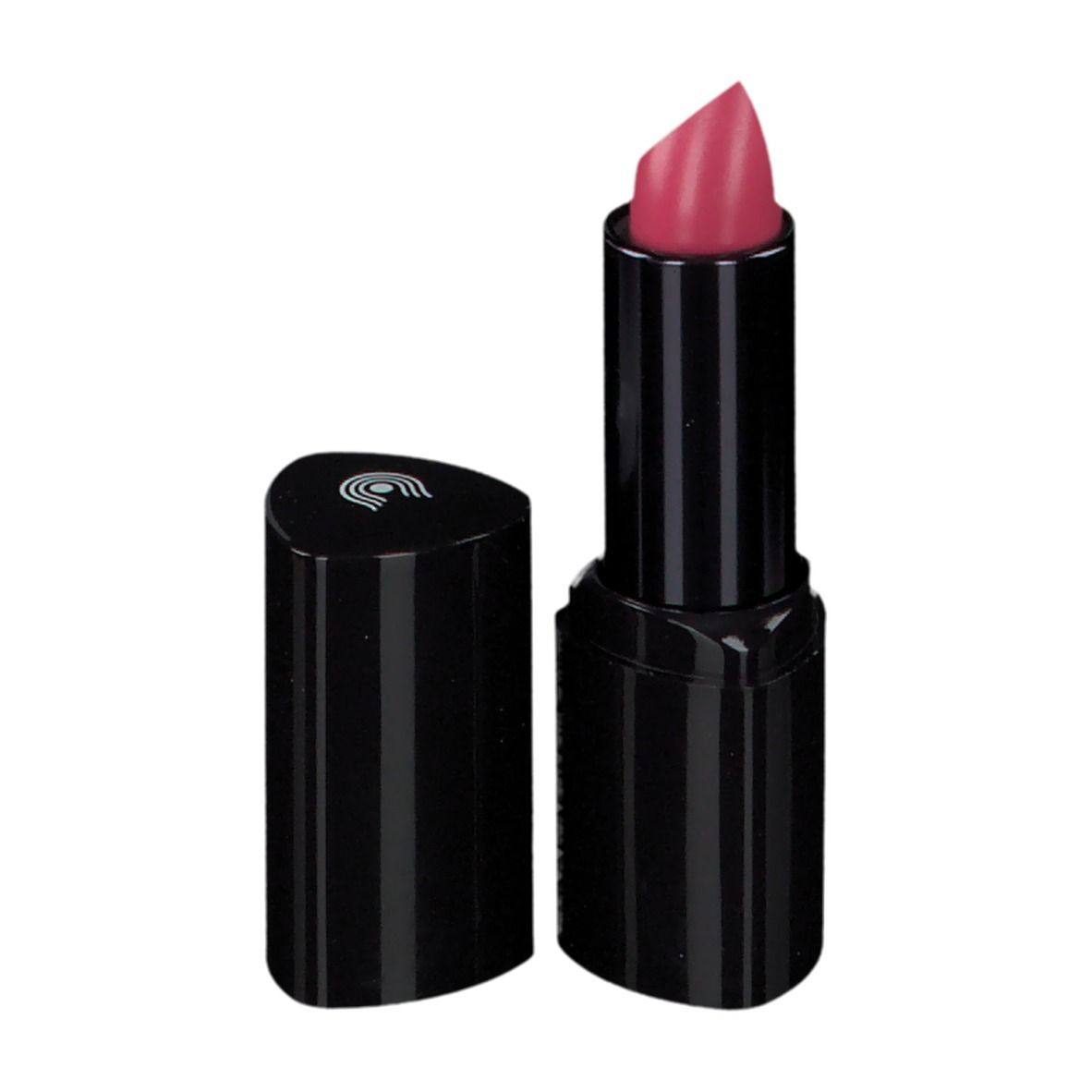 Lippenstift mit schwarzer Hülse und rosa Spitze. Deckel daneben.