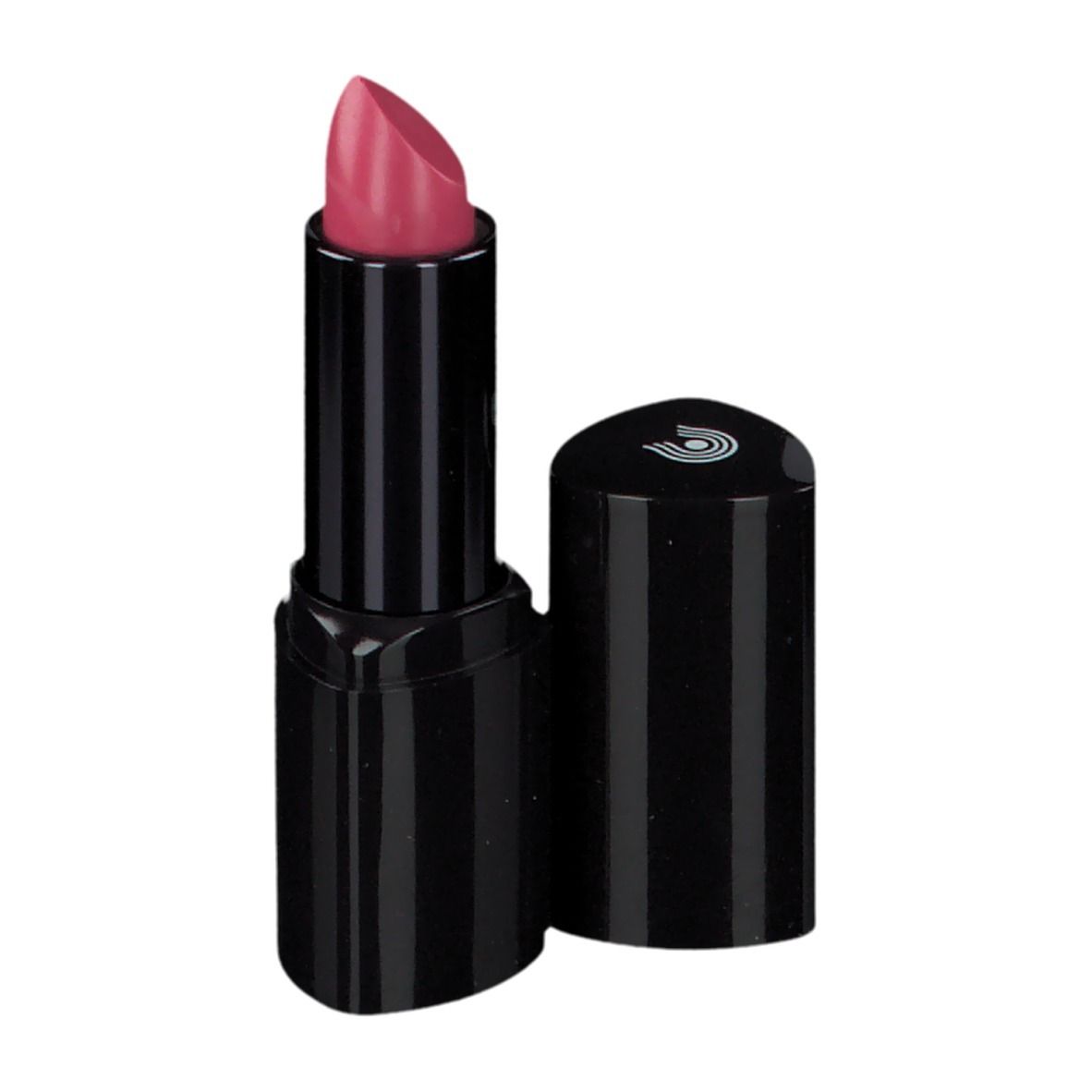 Lippenstift mit schwarzer Hülse und rosa Spitze. Deckel daneben.