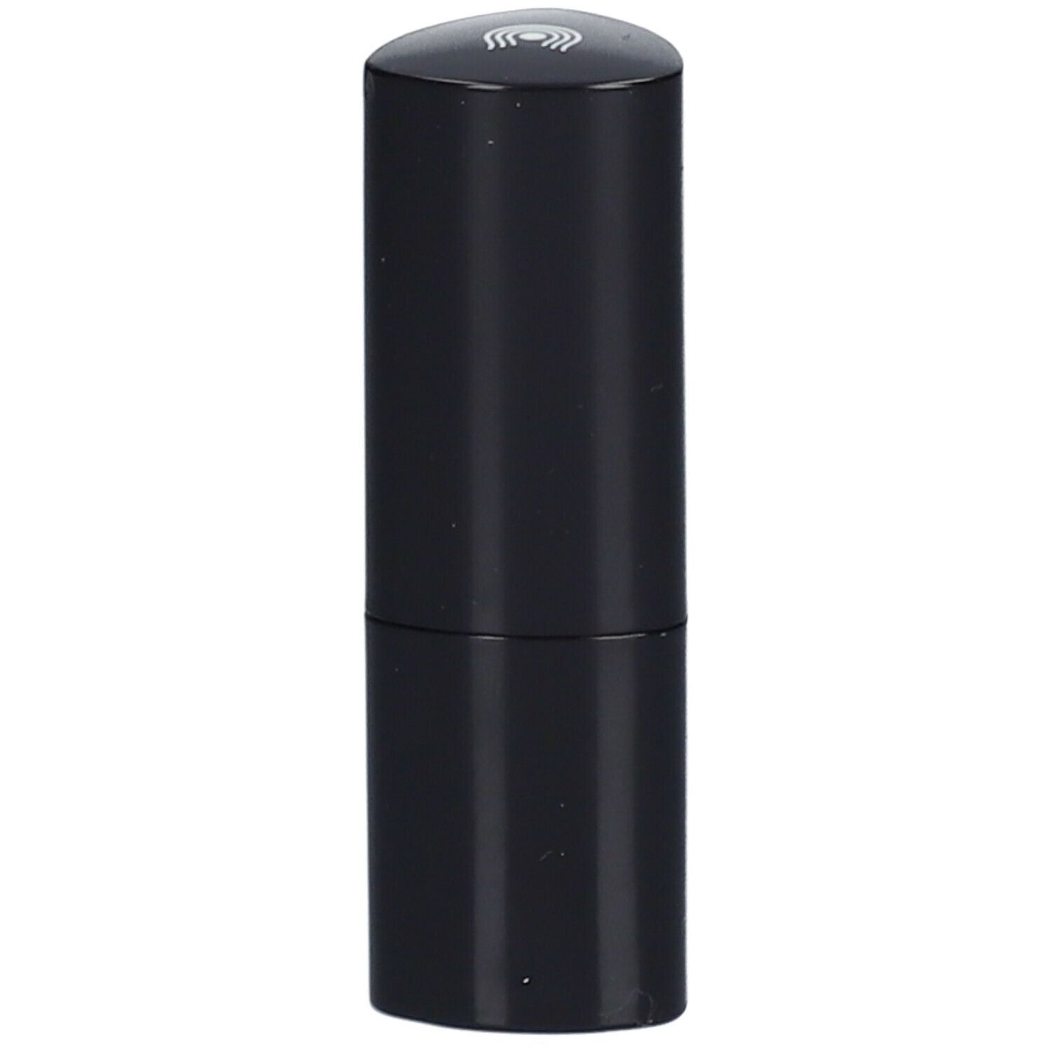 Zwarte lipstick in een cilindrische huls met een driehoekige bovenkant. Logo bovenaan.