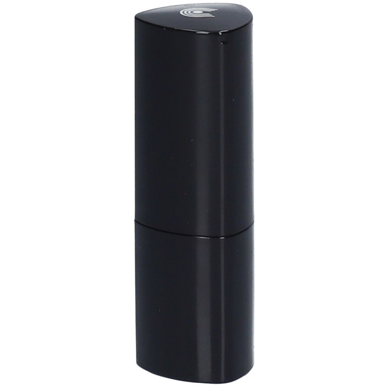 Zwarte lipstick in een cilindrische huls met een driehoekige bovenkant. Logo bovenaan.