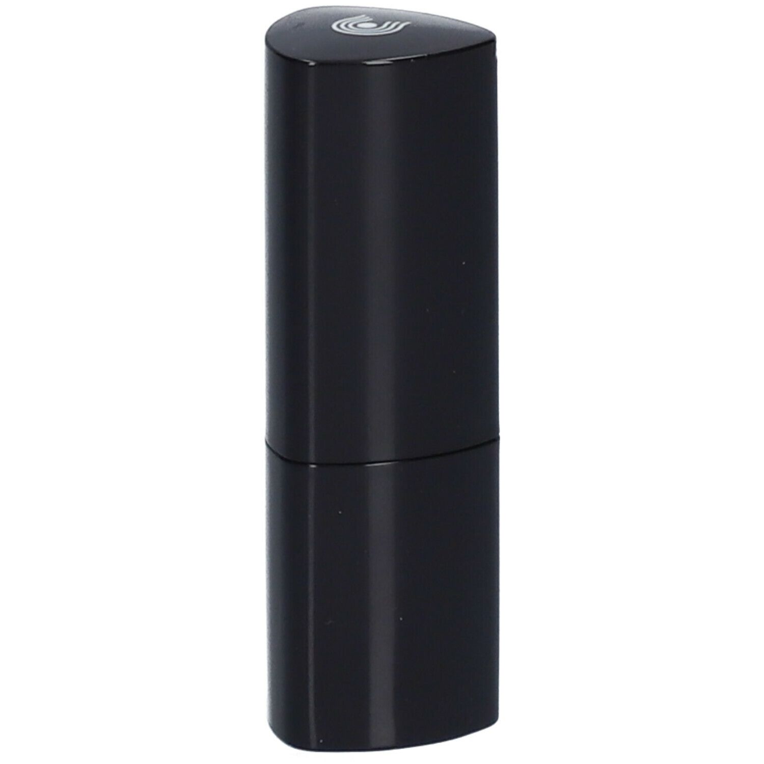 Zwarte lipstick in een cilindrische huls met een driehoekige bovenkant. Logo bovenaan.