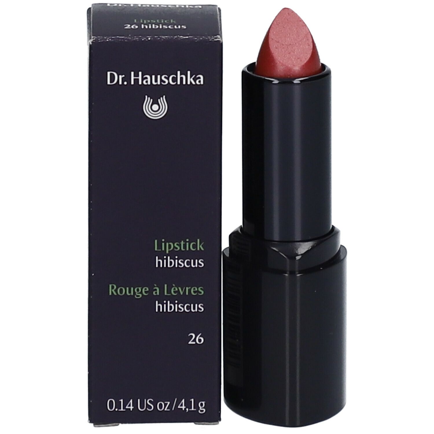 Lipstick en verpakking. Zwarte lipstick, open huls, roze punt. Zwarte doos met tekst.