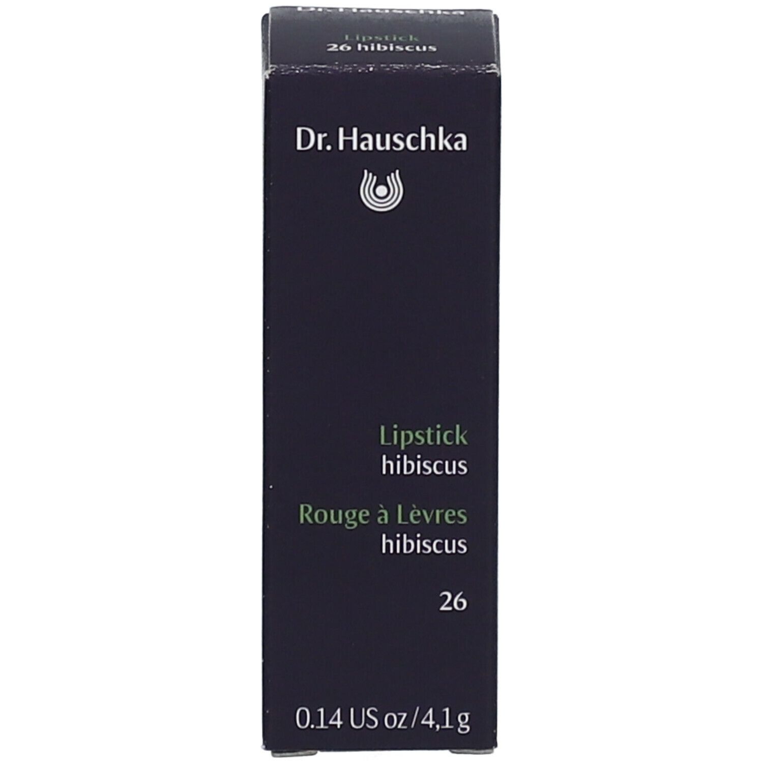 Zwarte doos met tekst: Dr. Hauschka, Lipstick hibiscus, Rouge à Lèvres hibiscus, 26, 0.14 oz/4,1 g.