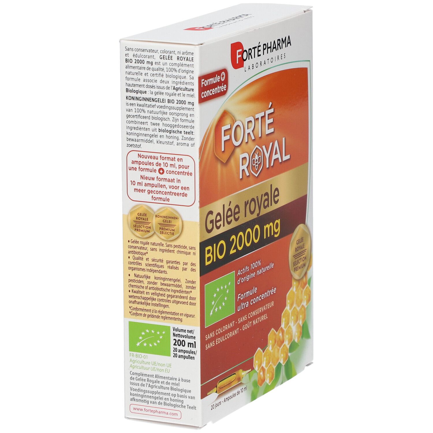 Emballage du produit avec logo et nom. Contient 20 ampoules. Avec label bio et texte multilingue.