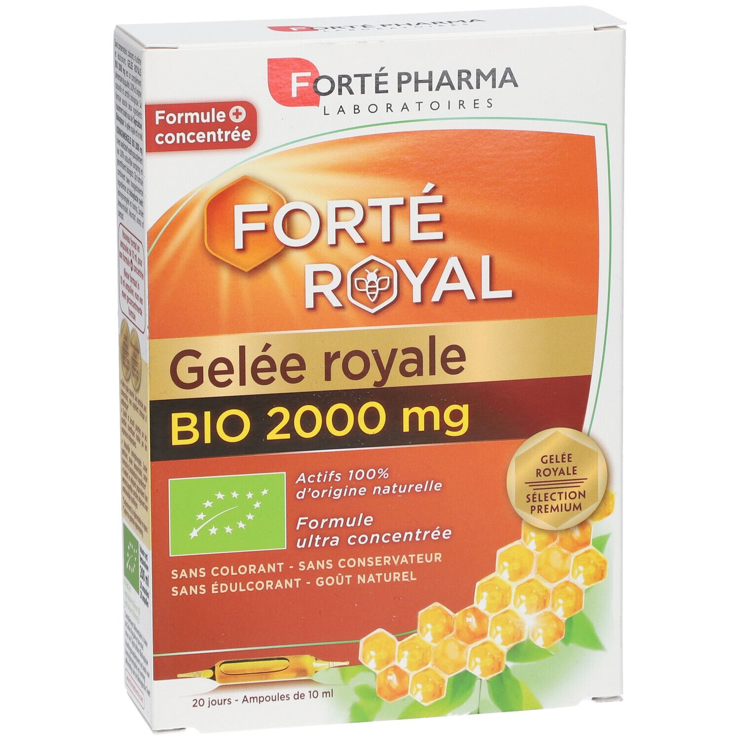 Emballage du produit avec logo et nom. Contient 20 ampoules. Avec label bio et illustration de rayons de miel.