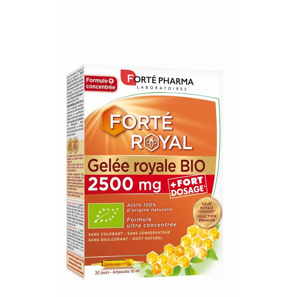 Verpakking van FORTÉ ROYAL Gelee royale BIO 2500 mg. Oranje-wit ontwerp met productinfo en bio-keurmerk.