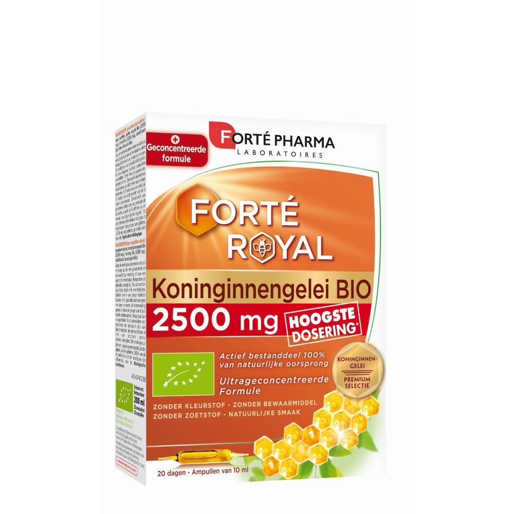 Verpakking van FORTÉ ROYAL met Koninginnengelei BIO 2500 mg. Oranje-wit ontwerp met productinfo.