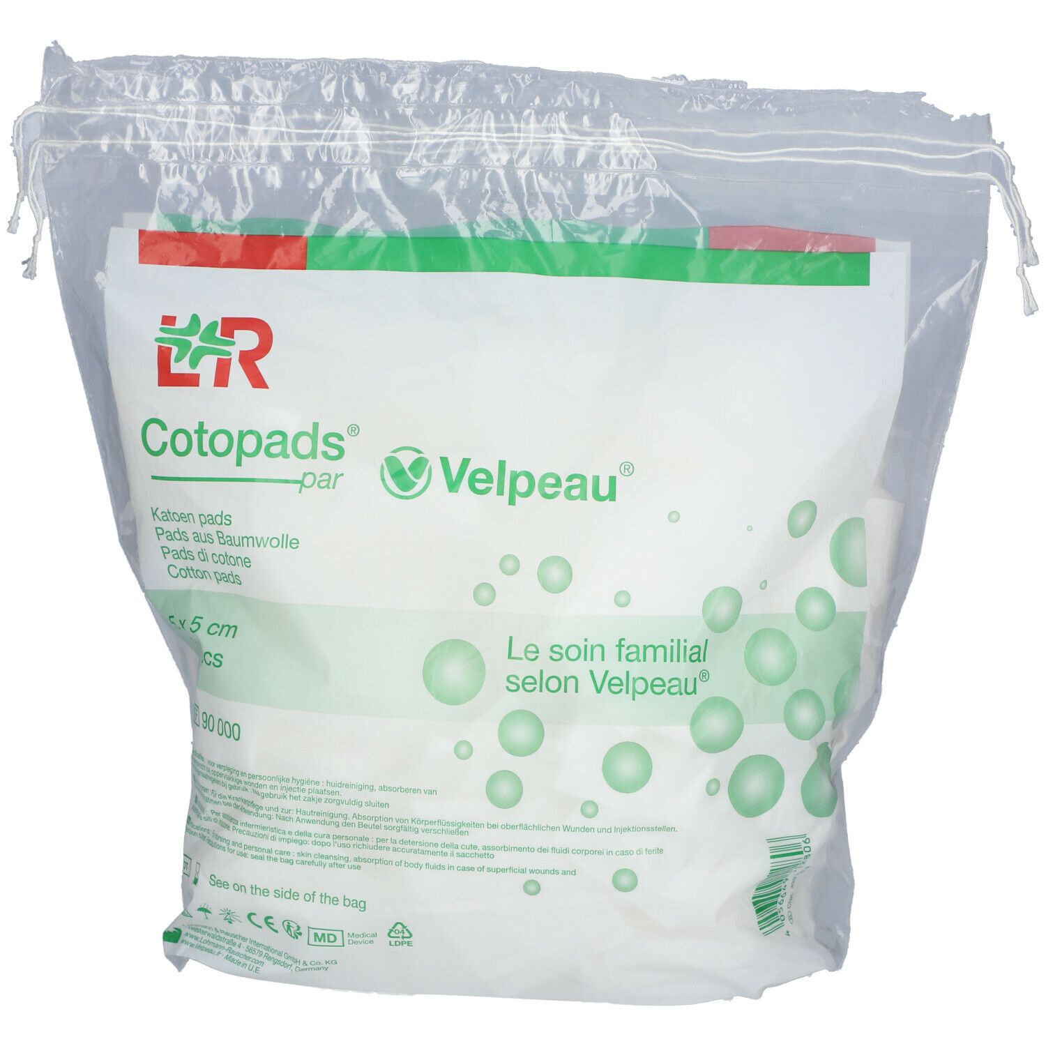 Sachet de Cotopads Velpeau 5x5cm. Compresses de coton dans un emballage transparent. Logo et nom du produit.