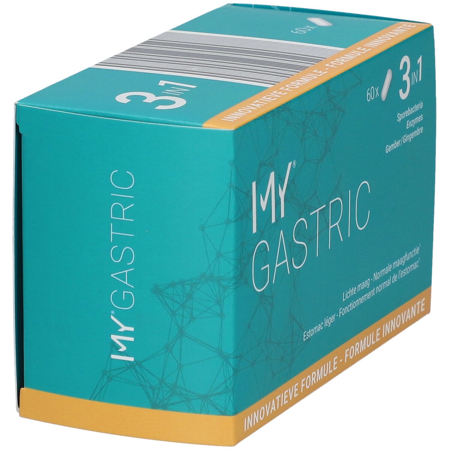 Turquoise doos met "MY GASTRIC" logo en "3 in 1". Bevat 60 capsules. Perspectief.