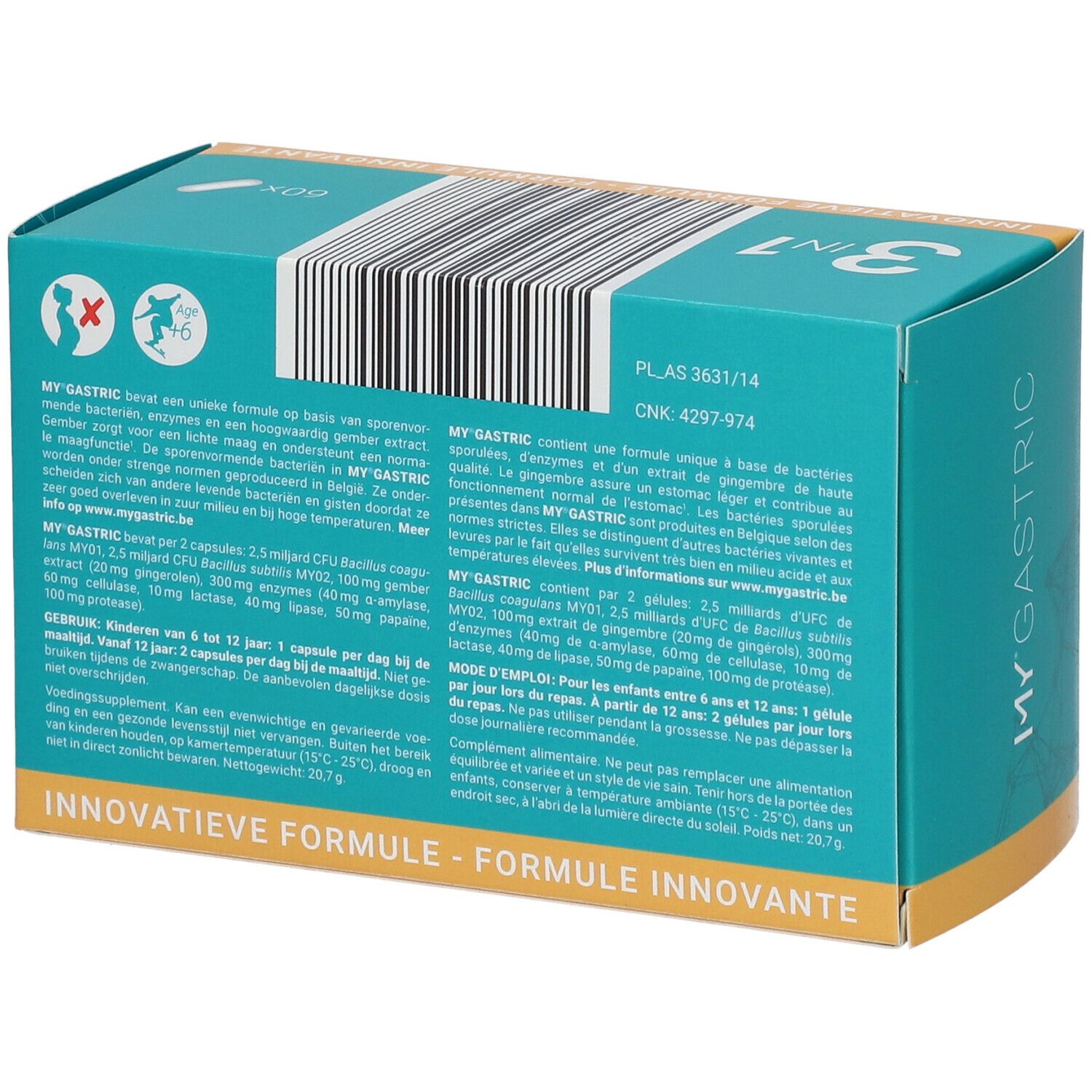 Achterkant van de turquoise "MY GASTRIC" doos. Tekst in het Duits, Frans, Nederlands. Bevat informatie over ingrediënten.
