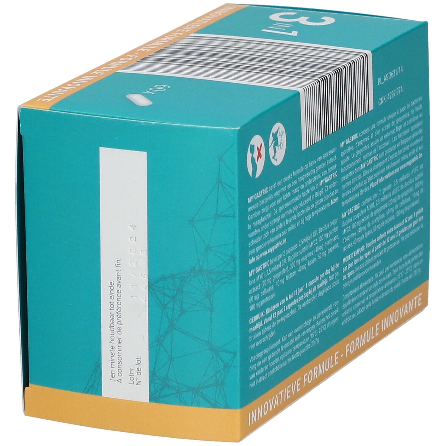 Zijkant van de turquoise "MY GASTRIC" doos. Barcode en lotnummer. Tekst in het Duits, Frans, Nederlands.
