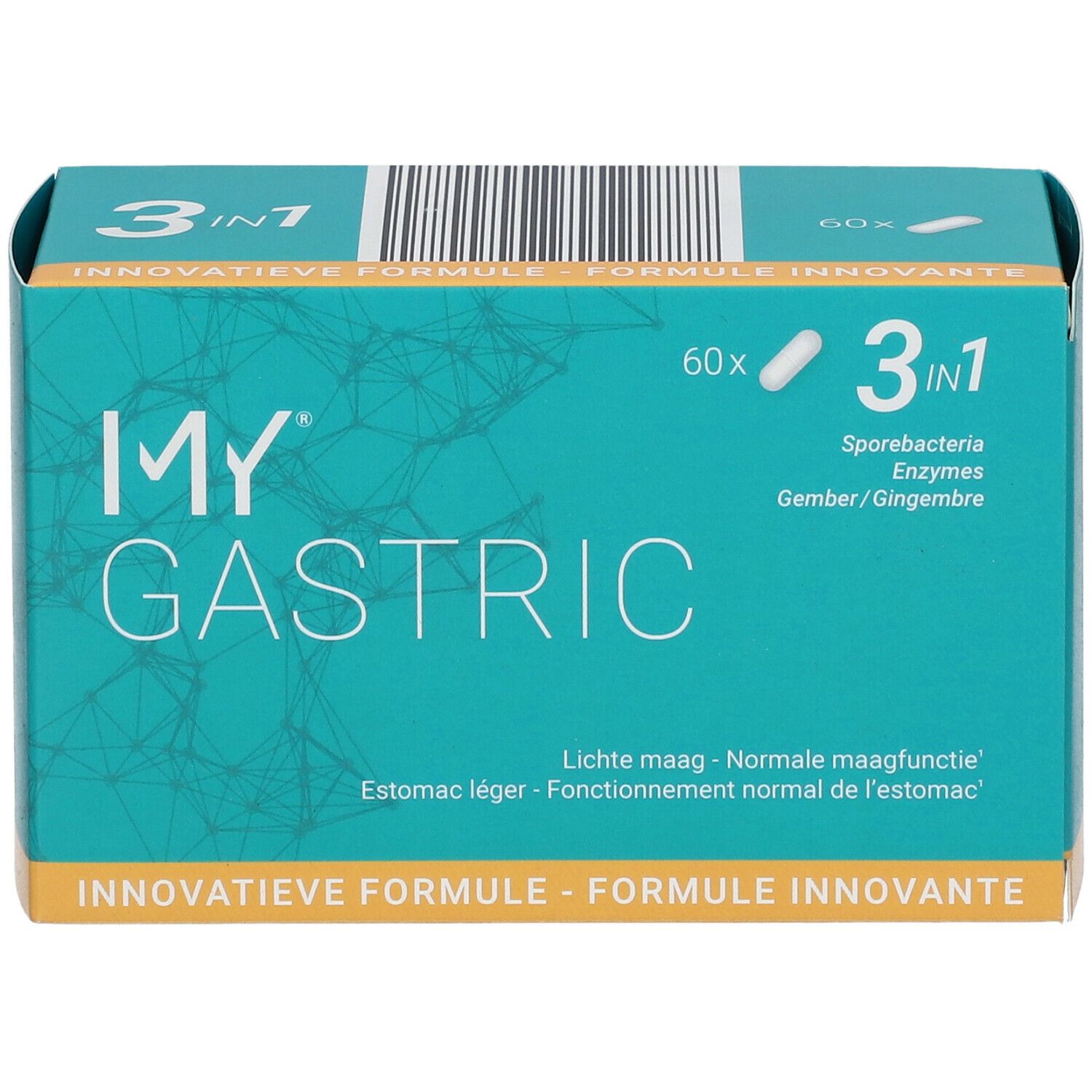 Turquoise doos met "MY GASTRIC" logo en "3 in 1". Bevat 60 capsules. Vooraanzicht.