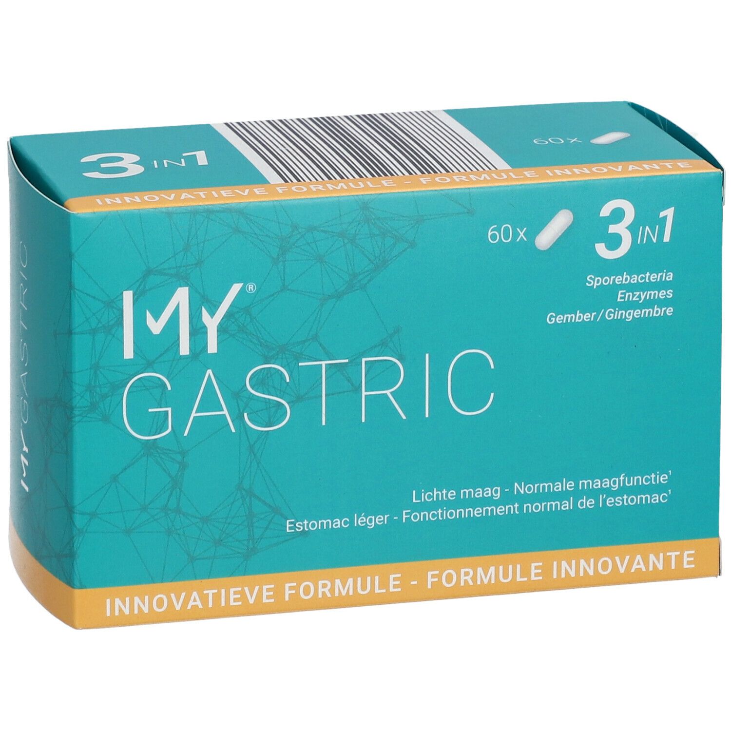 Turquoise doos met "MY GASTRIC" logo en "3 in 1". Bevat 60 capsules. Vooraanzicht.
