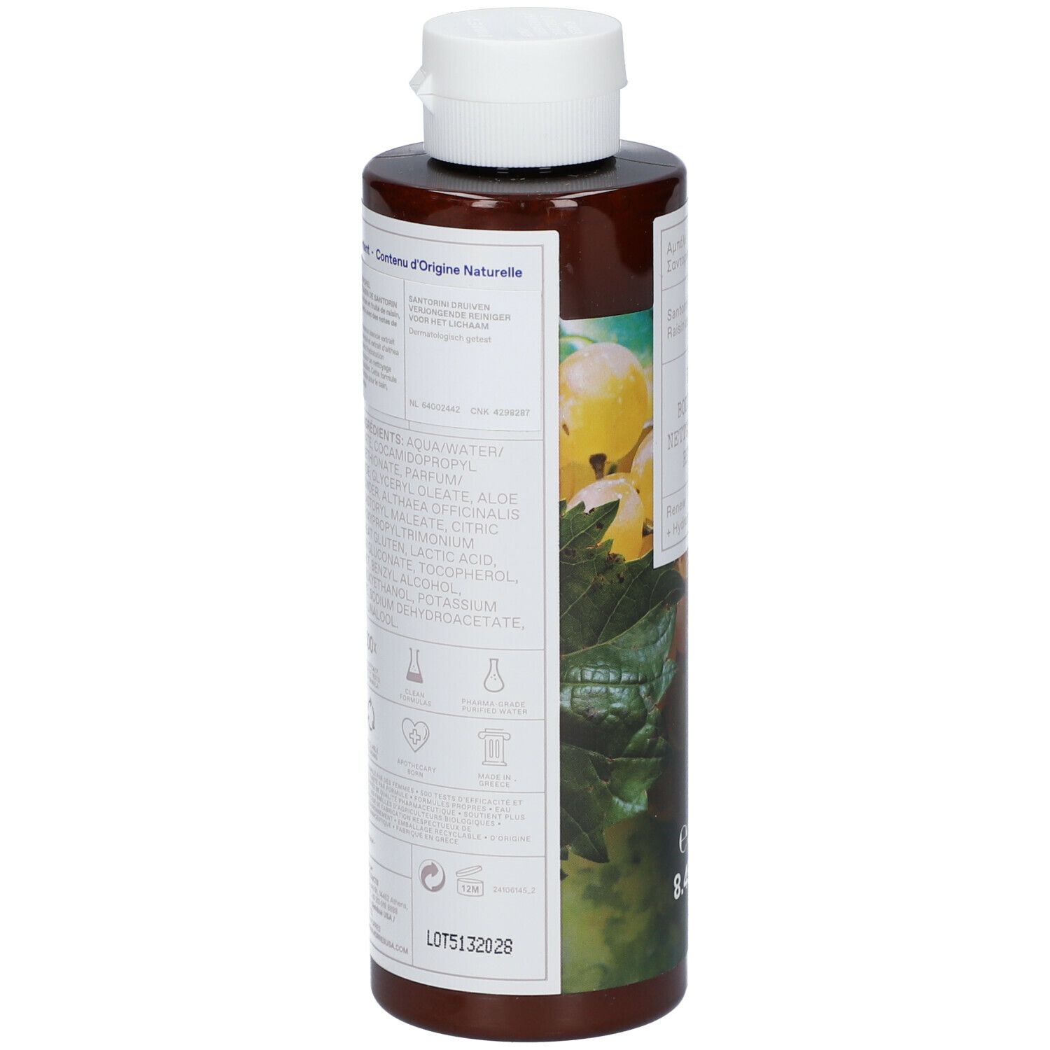 Achterkant van de fles. Etiket met ingrediënten en informatie. Bruine fles met witte dop.
