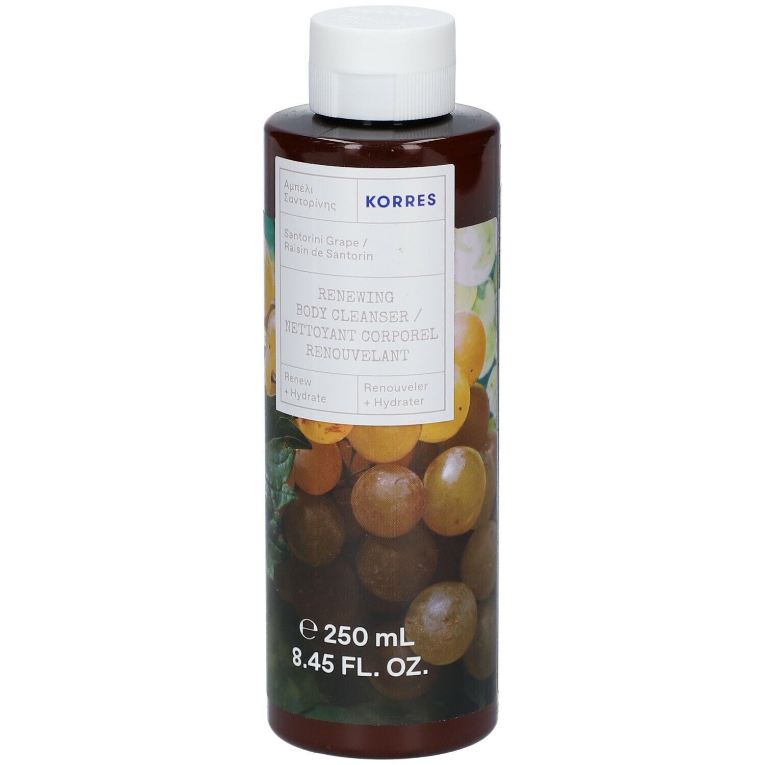 Bruine fles met witte dop. Etiket met productnaam en druivenillustratie. Merk KORRES.