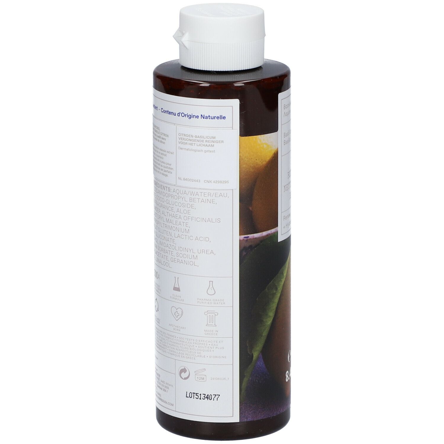 Rückseite einer braunen Flasche mit weißem Deckel. Enthält Text und Logos. Aufschrift: 90.2% Natural Origin Content.