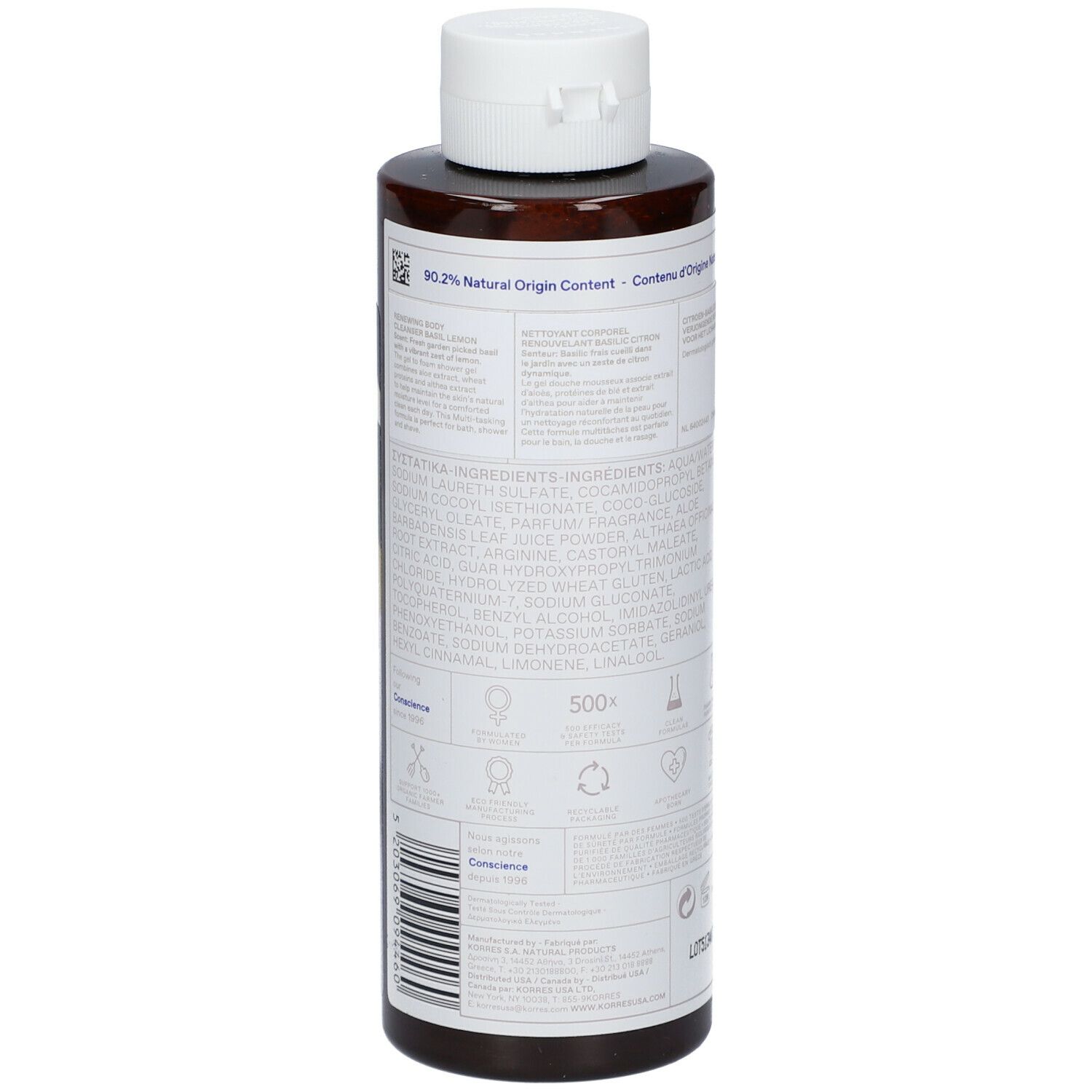 Rückseite einer braunen Flasche mit weißem Deckel. Enthält Text und Logos. Aufschrift: 90.2% Natural Origin Content.