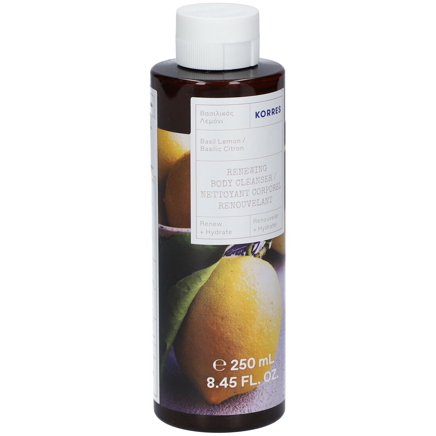 Braune Flasche mit weißem Deckel. Aufschrift: KORRES, Basilikum-Zitrone, Renewing Body Cleanser. 250 ml.