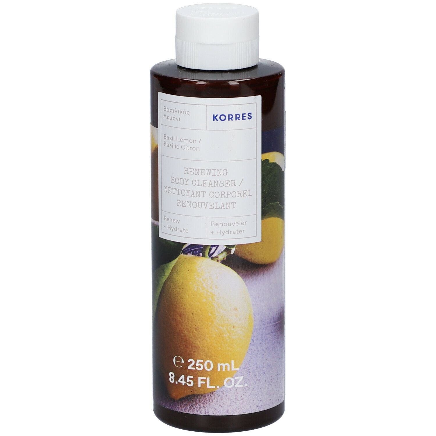 Braune Flasche mit weißem Deckel. Aufschrift: KORRES, Basilikum-Zitrone, Renewing Body Cleanser. 250 ml.