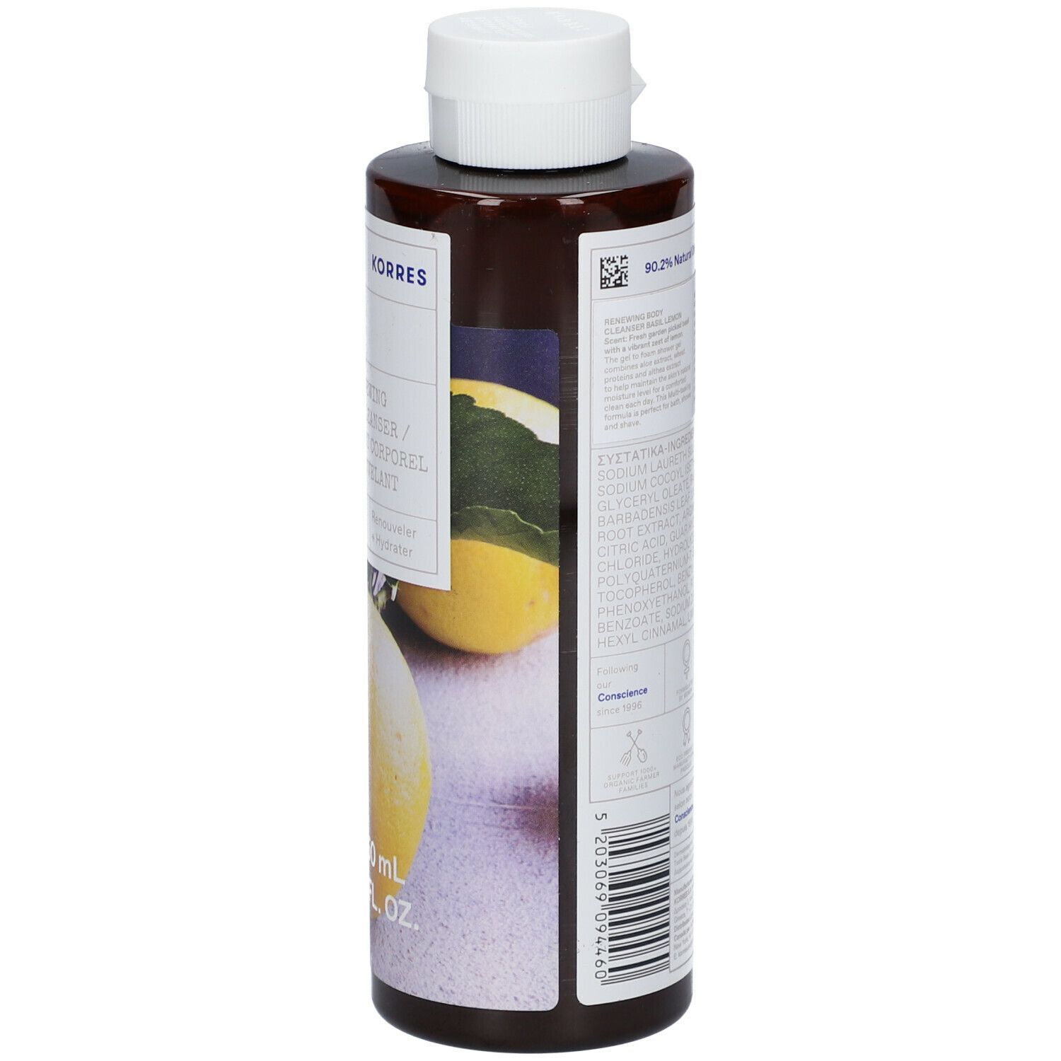 Braune Flasche mit weißem Deckel. Aufschrift: KORRES, Basilikum-Zitrone, Renewing Body Cleanser. 250 ml.