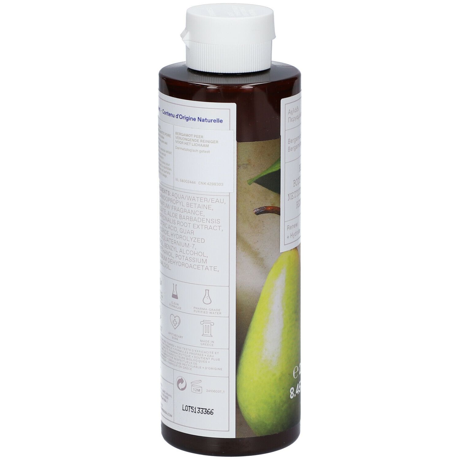 Bruine fles met witte dop. Achterkant met ingrediëntenlijst en certificeringen. Perenillustratie.