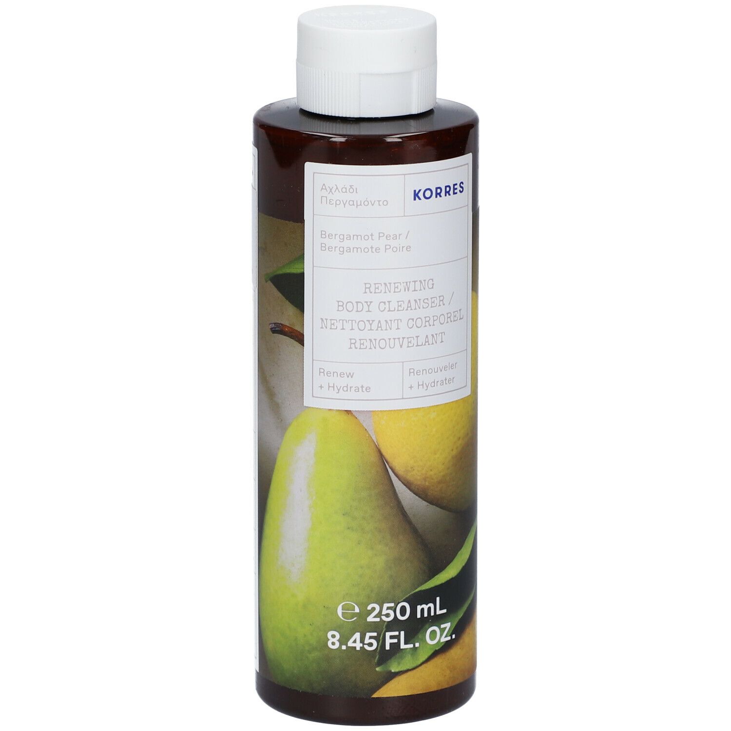 Bruine fles met witte dop. Etiket met productnaam en perenillustratie. Volume: 250 ml.