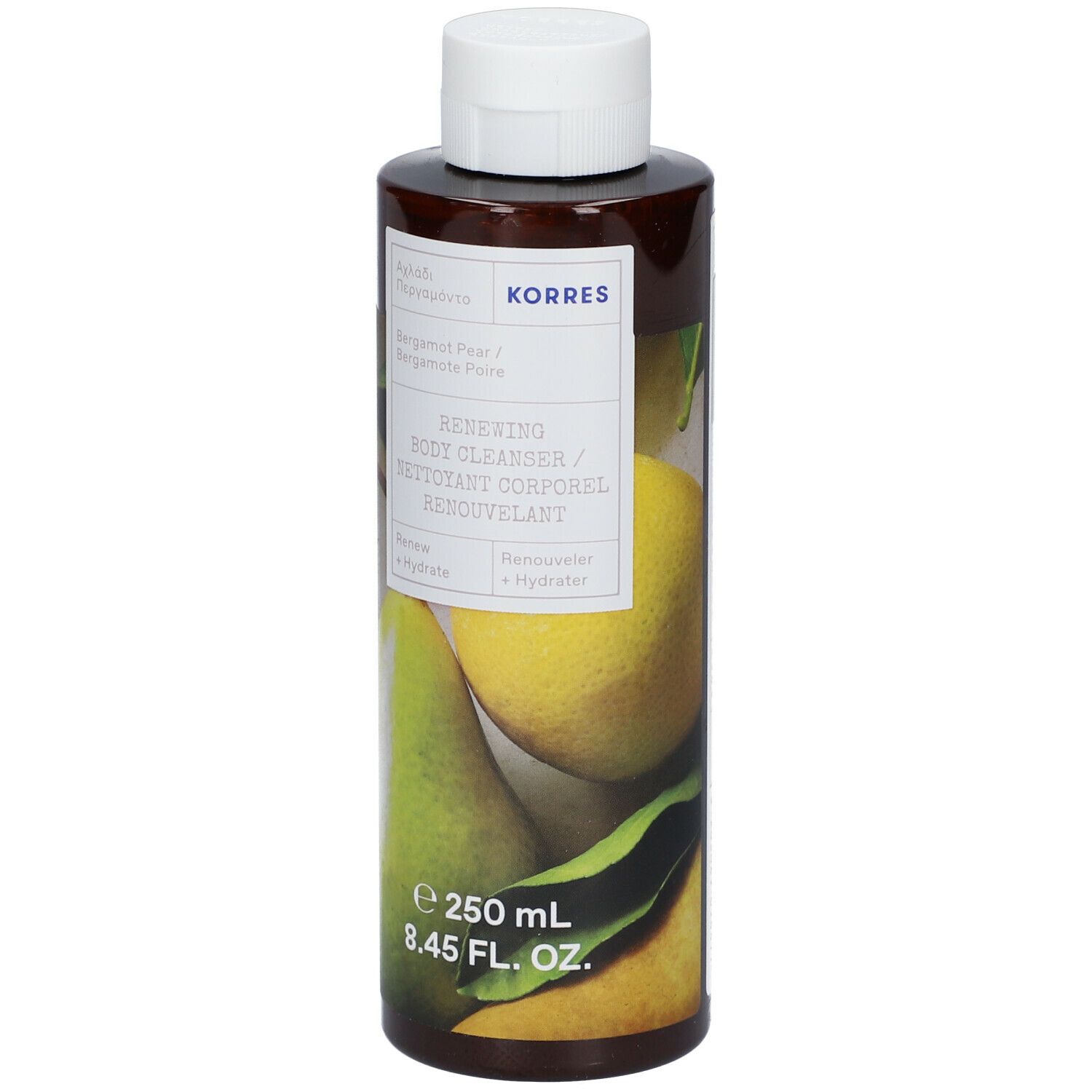 Bruine fles met witte dop. Etiket met productnaam en perenillustratie. Volume: 250 ml.