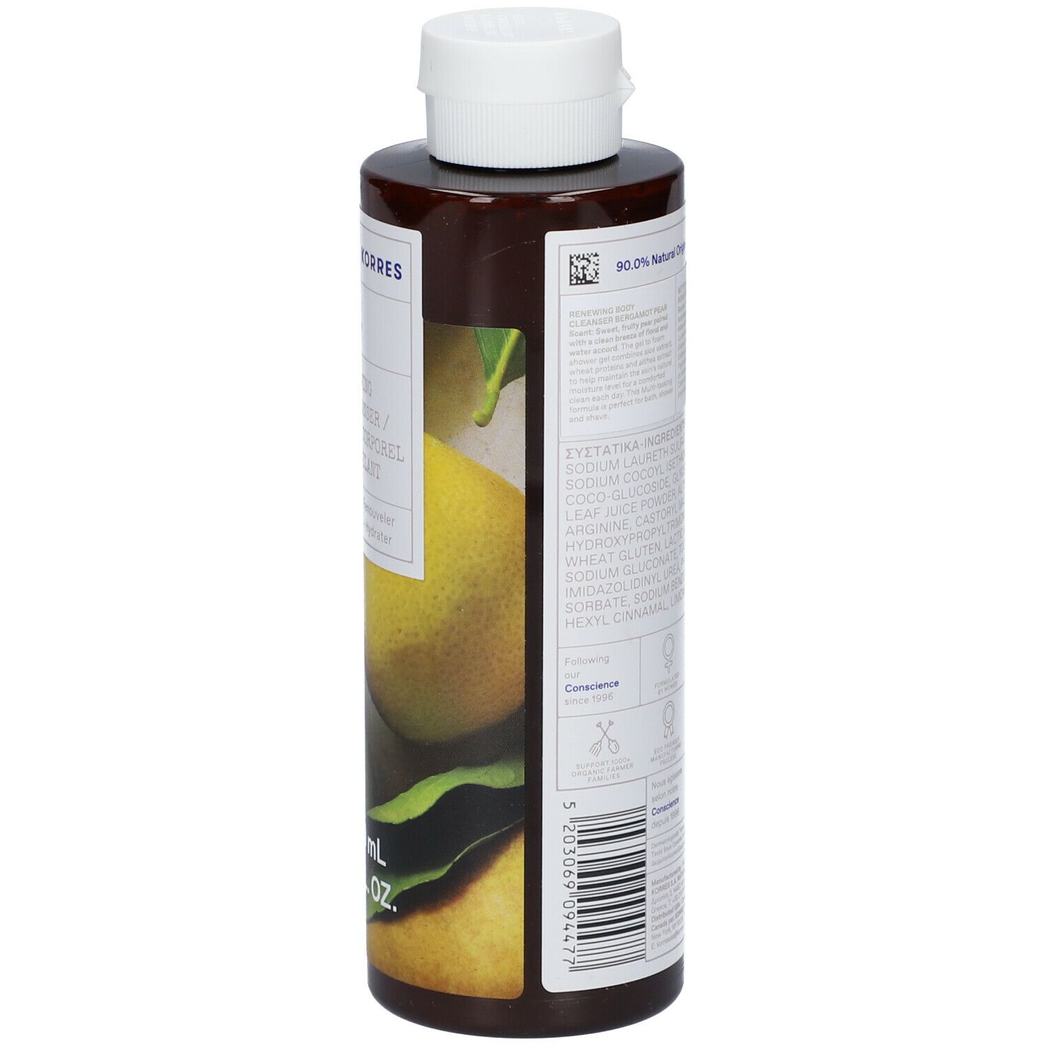 Bruine fles met witte dop. Achterkant met ingrediëntenlijst en certificeringen. Perenillustratie.