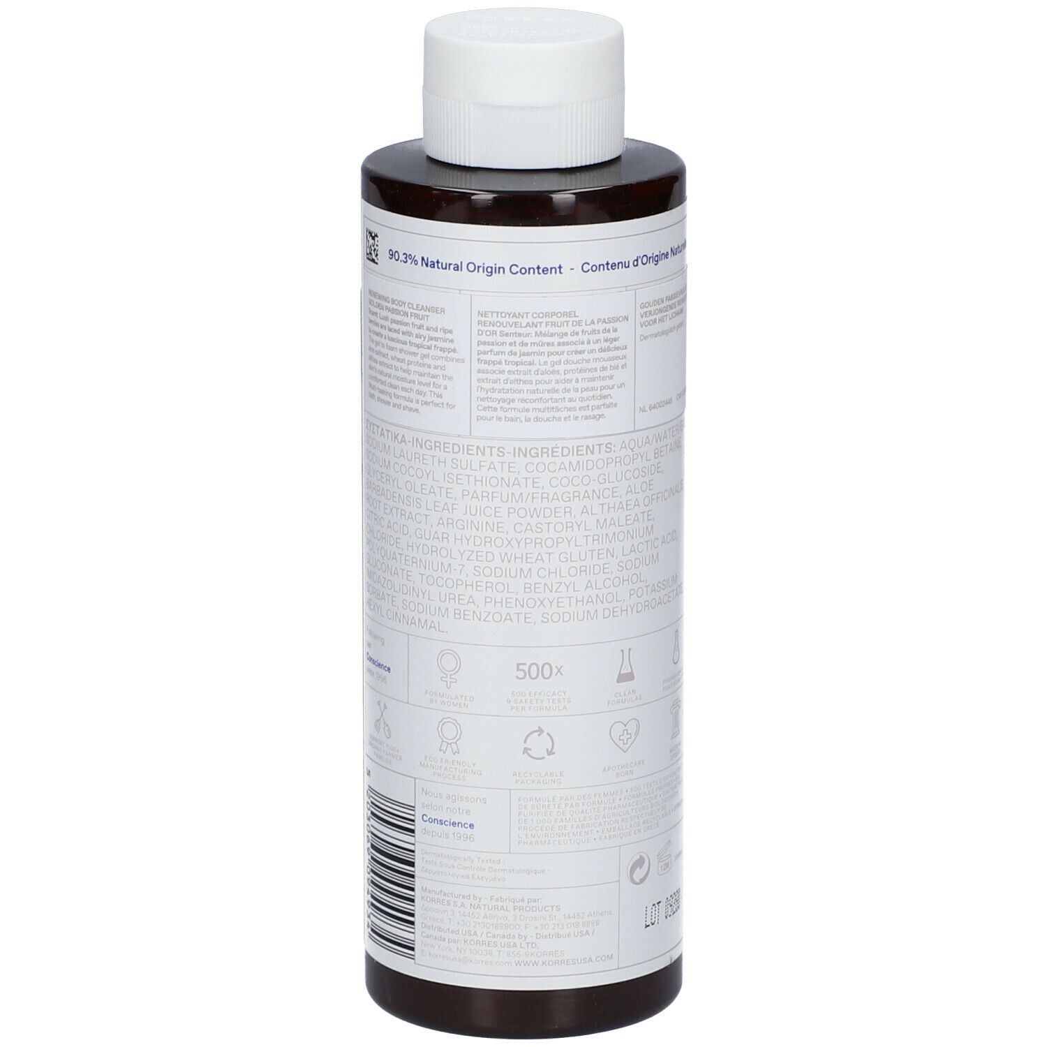 Achterkant van bruine fles met witte etiketten en tekst. Bevat ingrediënten en logo's.