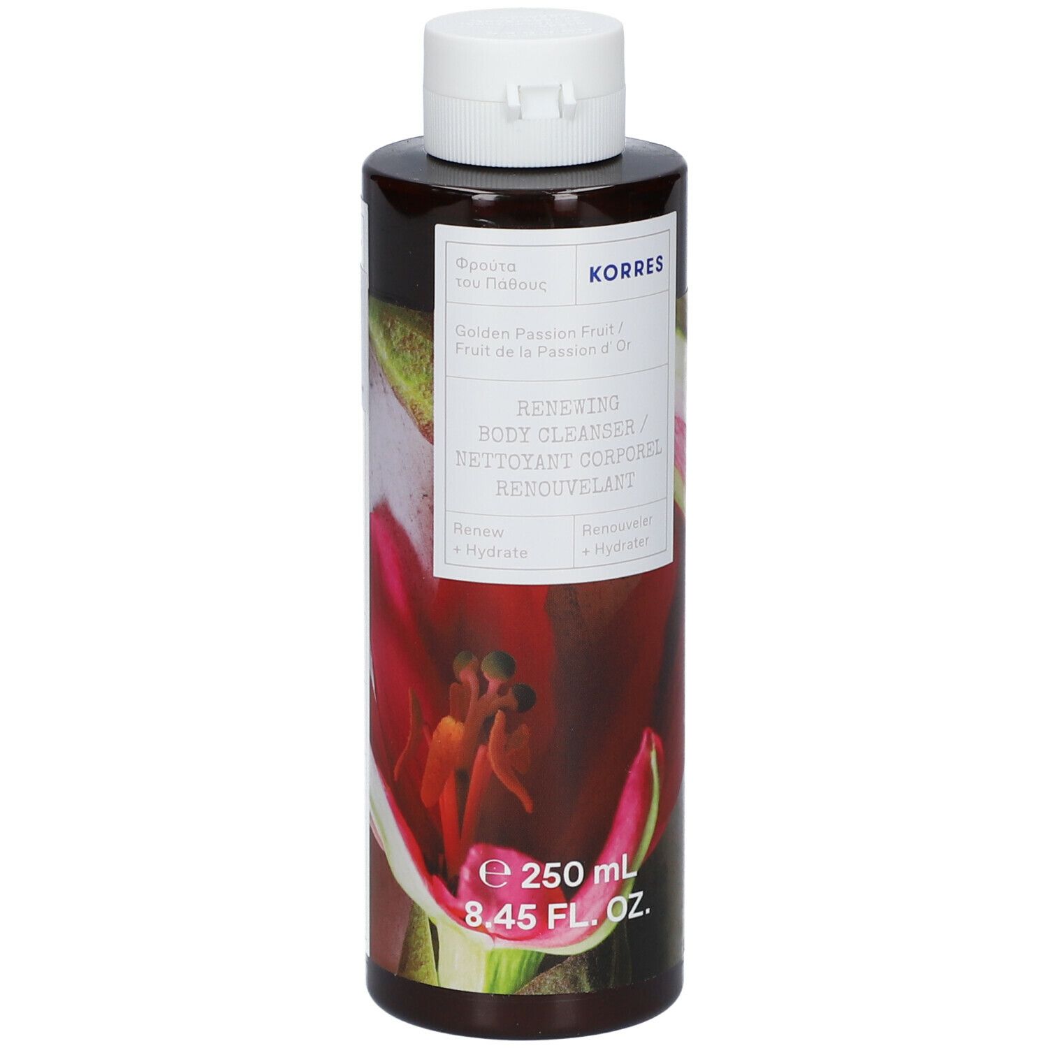 Bruine fles met witte dop. Opschrift: KORRES, Renewing Body Cleanser, 250 ml.