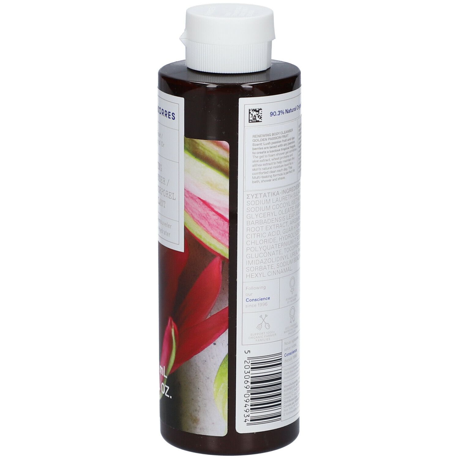 Achterkant van bruine fles met witte etiketten en tekst. Bevat ingrediënten en logo's.